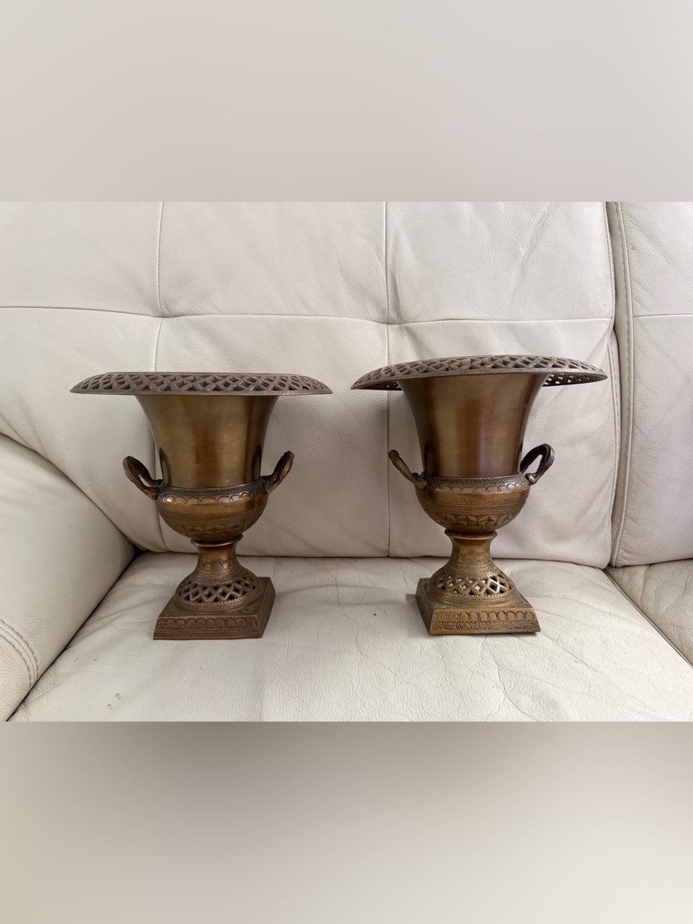 Vintage Brass Reticulated Trophy Urns Mantel Vases Pierced Pedestal Pair 9’’
